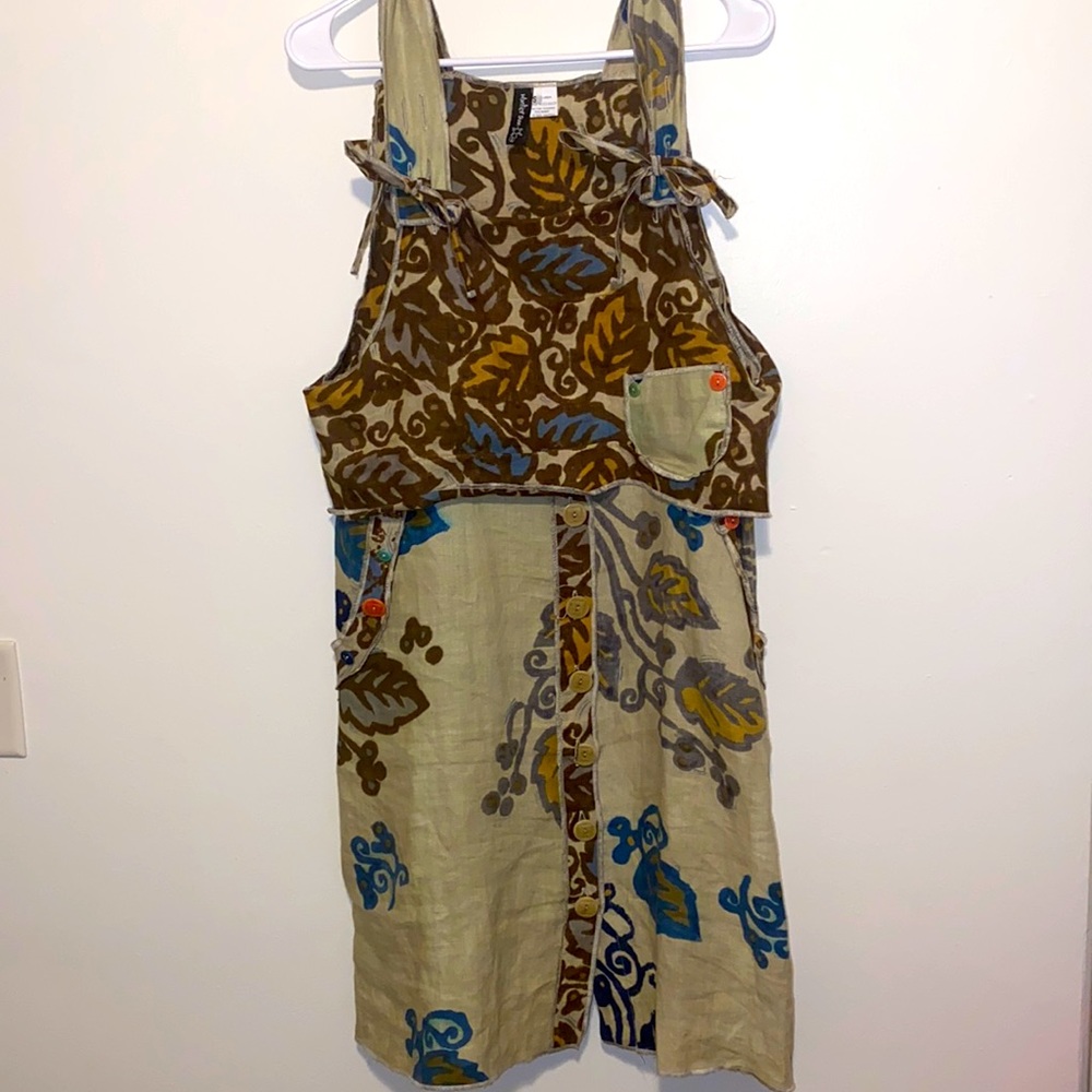 Small/Medium Winter Sun 100% Linen Dress MultiColor Fall Leaf Pattern w/ Buttons